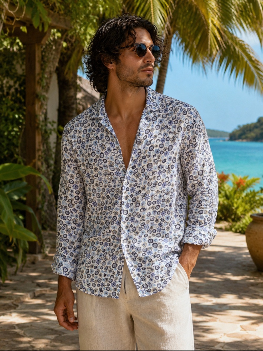 Stenströms Slimline Linen Floral Daisy Shirt in blue, grey, and white